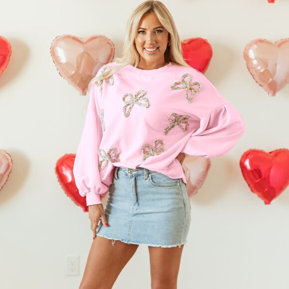 Light Pink Embroidered Bow Lantern Sleeve Oversized Pullover Sweatshirt - Picture 1 of 10